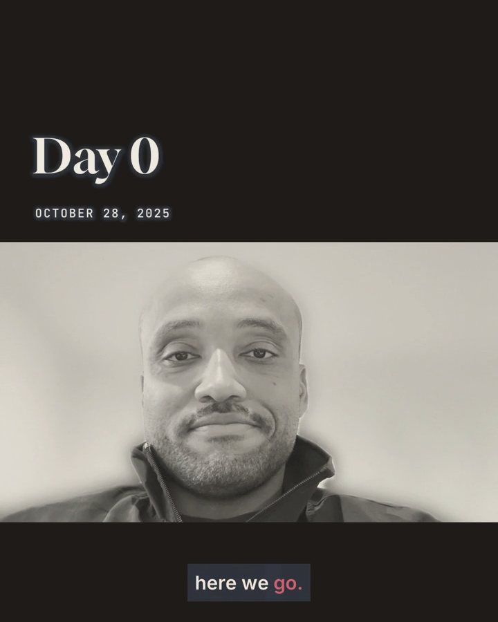 Black-and-white still of Jarrett on the morning he was laid off, captioned Day 0, October 28, 2025.